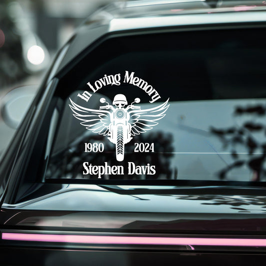Personalized memorial motorcycle decal with angel wings, custom in loving memory vinyl sticker for bikes.