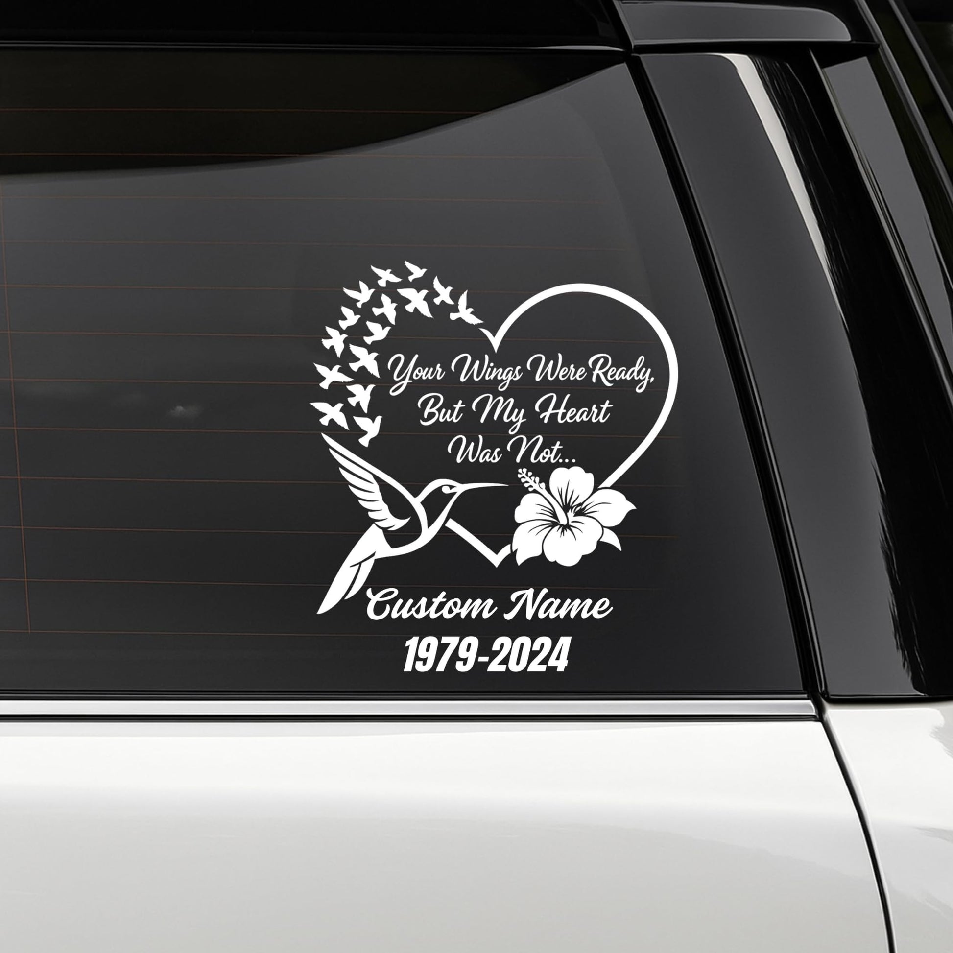 Memorial Car Decal | Customizable Hummingbird Heart Design with Dates | Permanent Vinyl Sticker | Multiple Colors Available - Nostalgi Factory