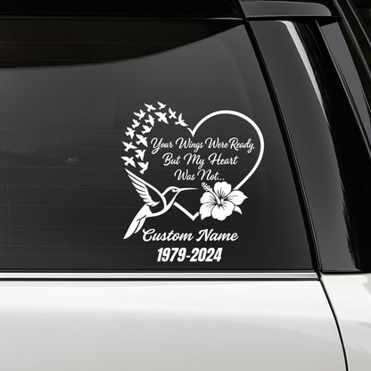 Memorial Car Decal | Customizable Hummingbird Heart Design with Dates | Permanent Vinyl Sticker | Multiple Colors Available - Nostalgi Factory