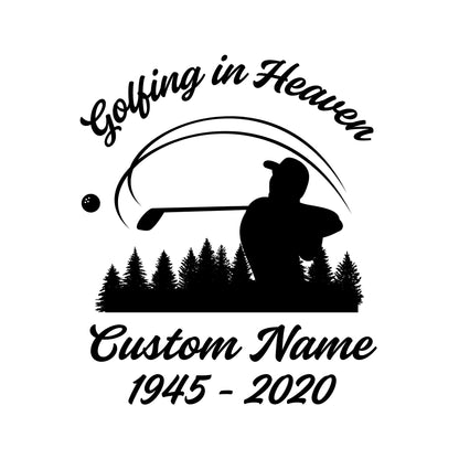 Golfing in Heaven memorial decal by Nostalgi Factory, custom name and date vinyl sticker for golfers in five colors.