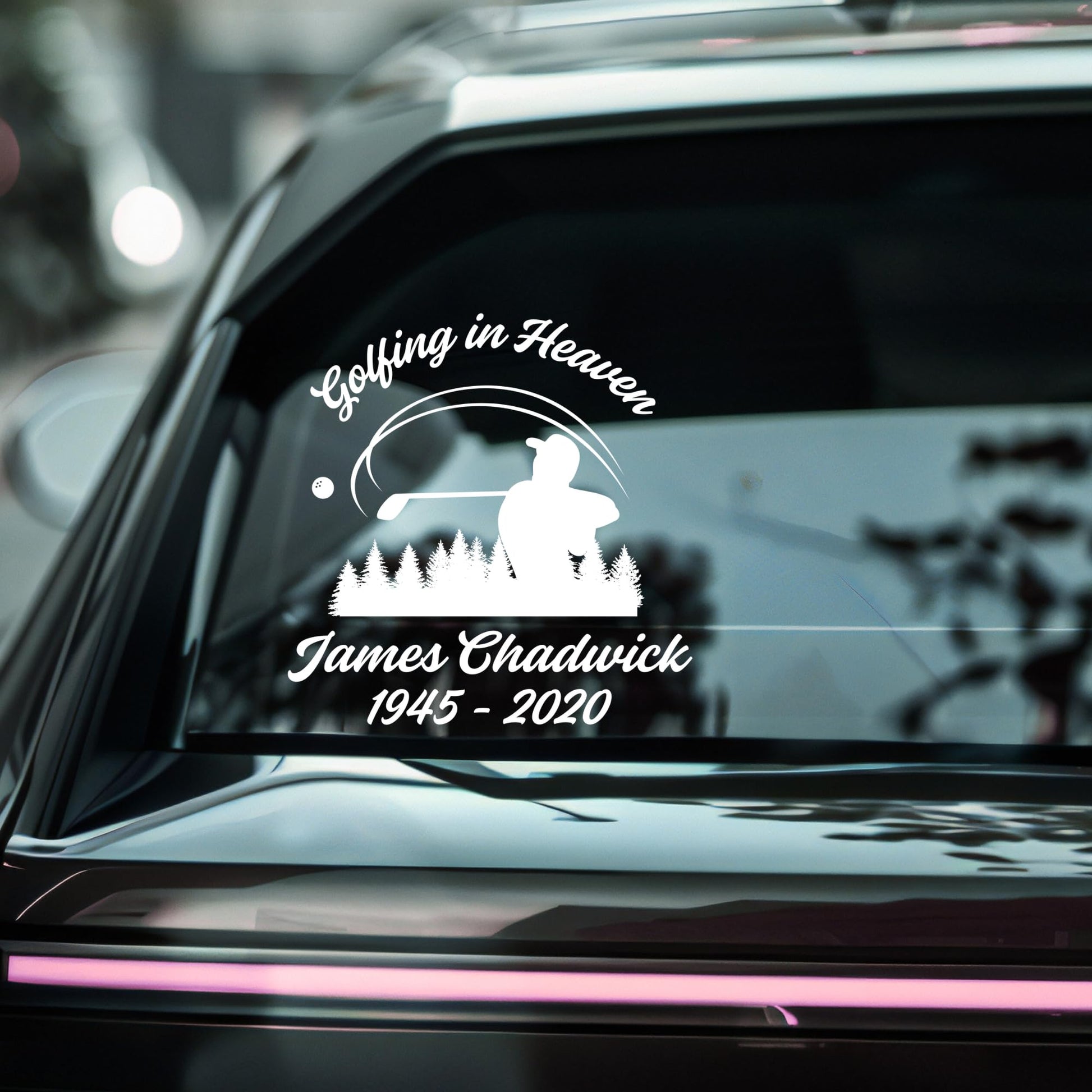 Memorial decal for golfers with custom name and date, available in five colors, featuring a golf-themed design on a vinyl sticker.