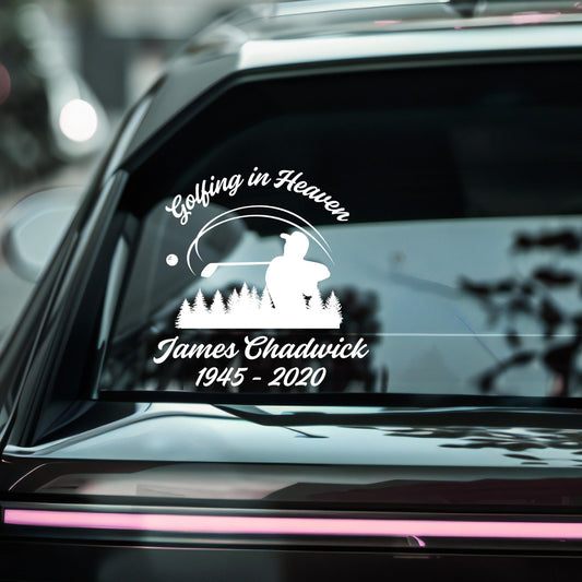 Memorial decal for golfers with custom name and date, available in five colors, featuring a golf-themed design on a vinyl sticker.