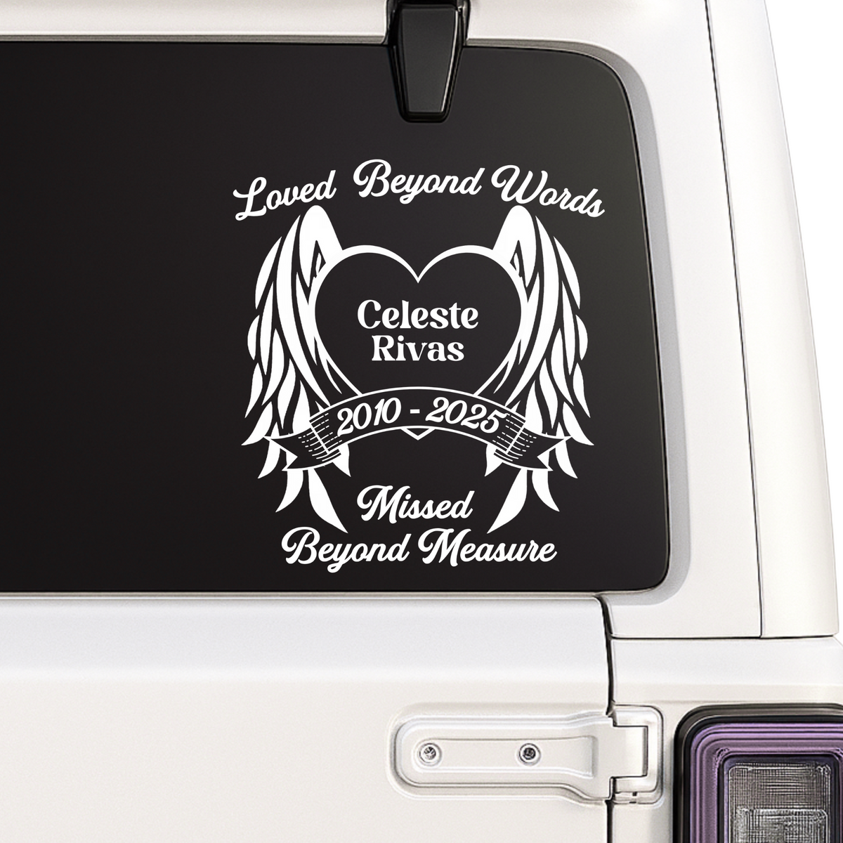 Personalized memorial decal with angel wings and heart in 9 colors, suitable for remembrance and memorial displays.
