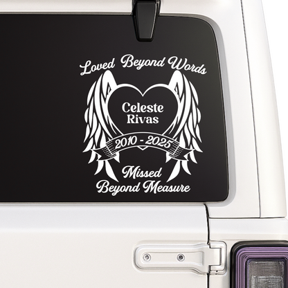 Personalized memorial decal with angel wings and heart in 9 colors, suitable for remembrance and memorial displays.