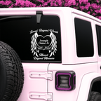 Custom memorial decal with angel wings and heart for Jeep, personalized in loving memory, available in 9 colors.