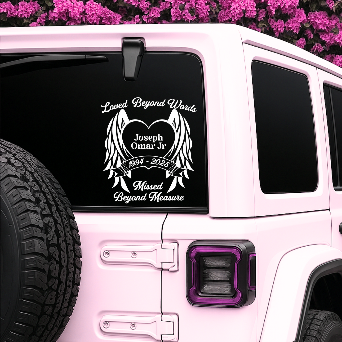 Custom memorial decal with angel wings and heart for Jeep, personalized in loving memory, available in 9 colors.