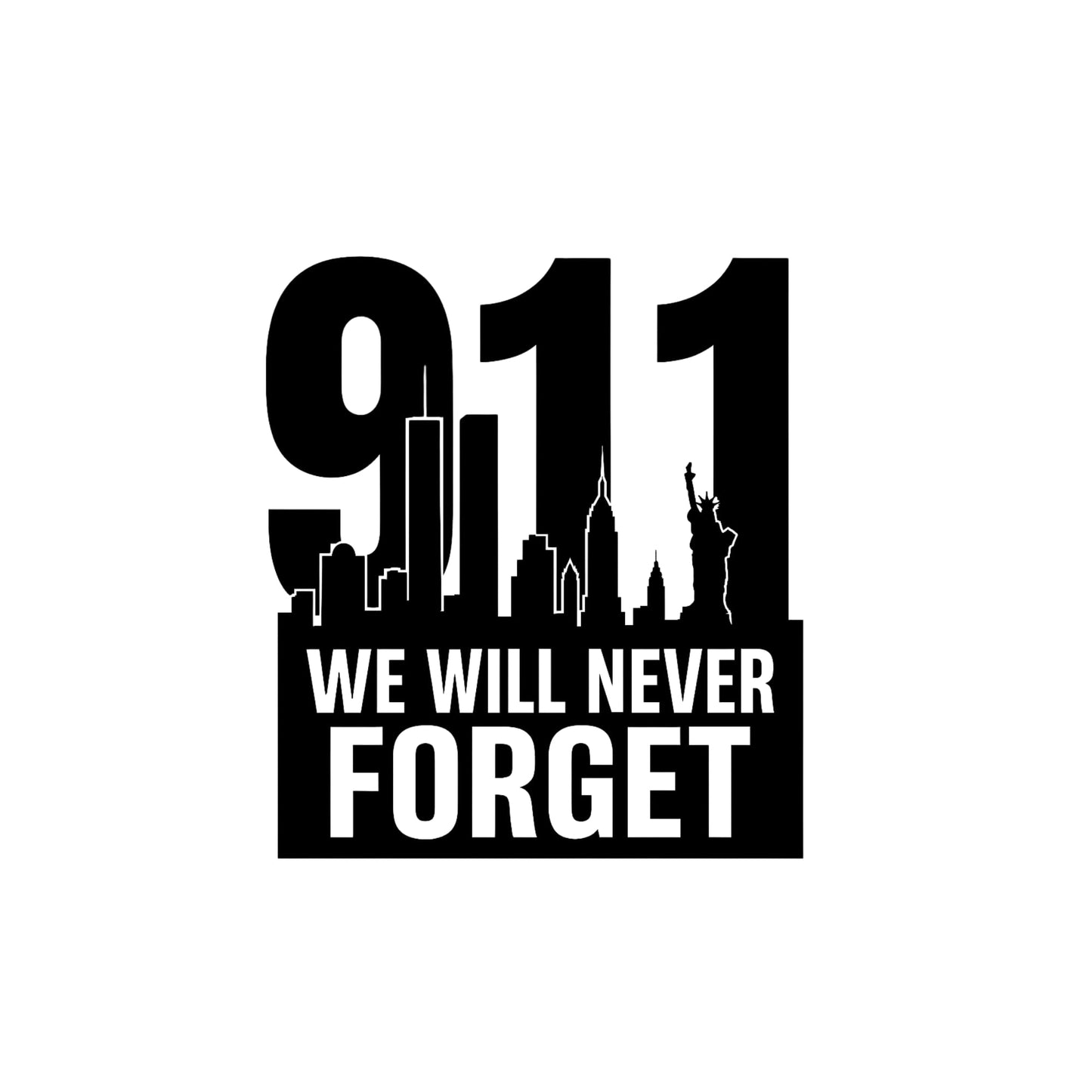 9/11 Memorial vinyl decal sticker featuring Twin Towers, designed for windows, laptops, and mugs, with no background.