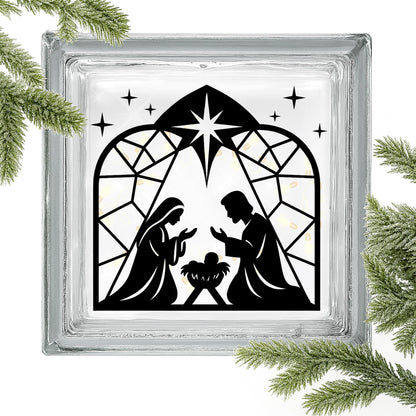 Set of two Christmas Nativity vinyl decals by Nostalgi Factory, featuring holiday-themed nativity scene images for festive decor.