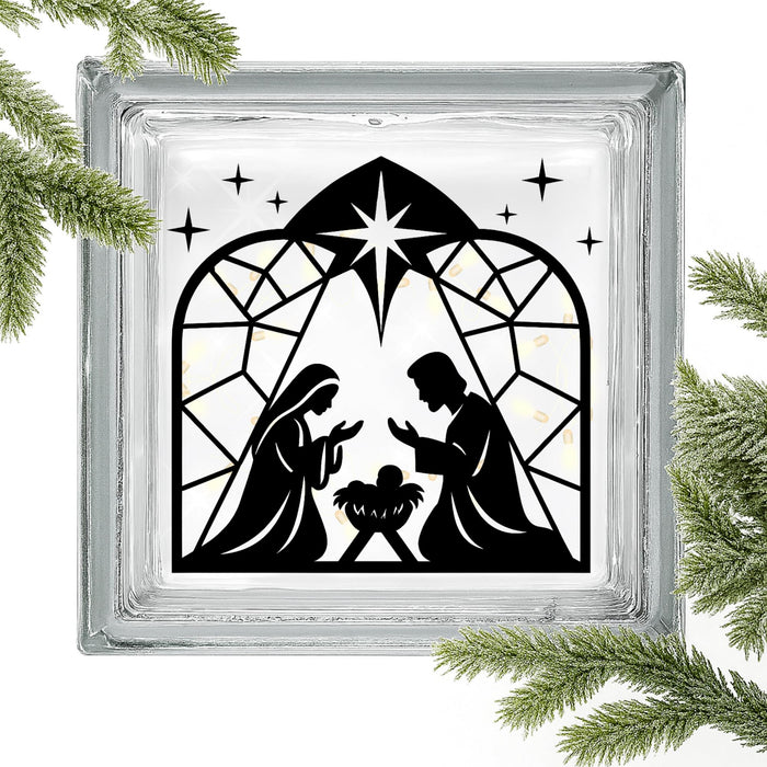 Set of two Christmas Nativity vinyl decals by Nostalgi Factory, featuring holiday-themed nativity scene images for festive decor.