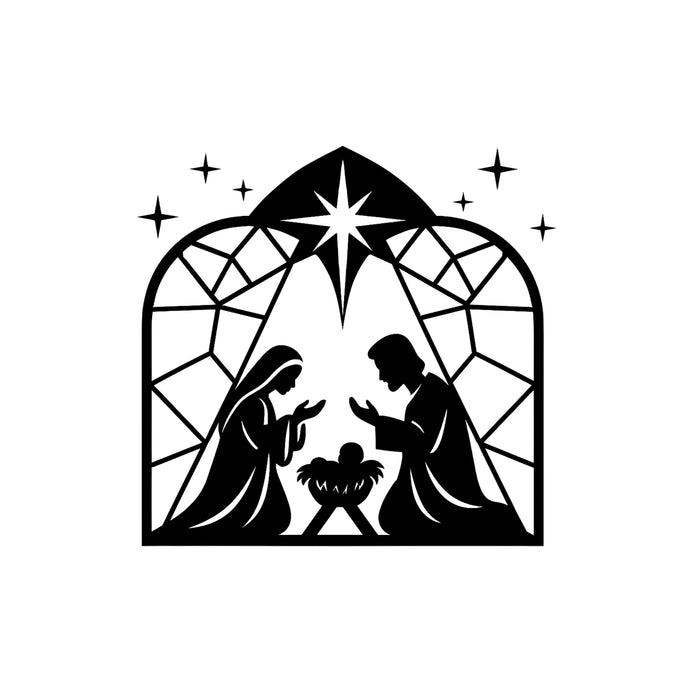 Set of two Christmas Nativity vinyl decals by Nostalgi Factory, featuring holiday-themed nativity scene images for festive decoration.