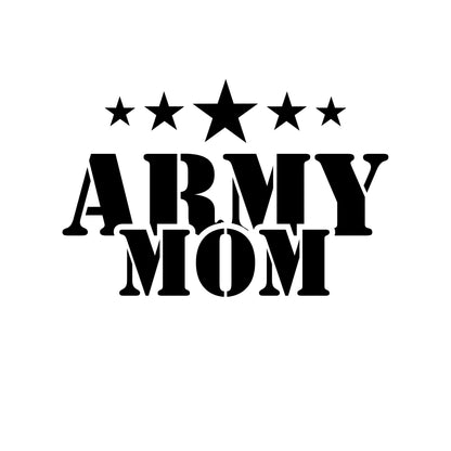 Army Mom vinyl car decal with stars, available in five colors, featuring a permanent adhesive for military pride display.
