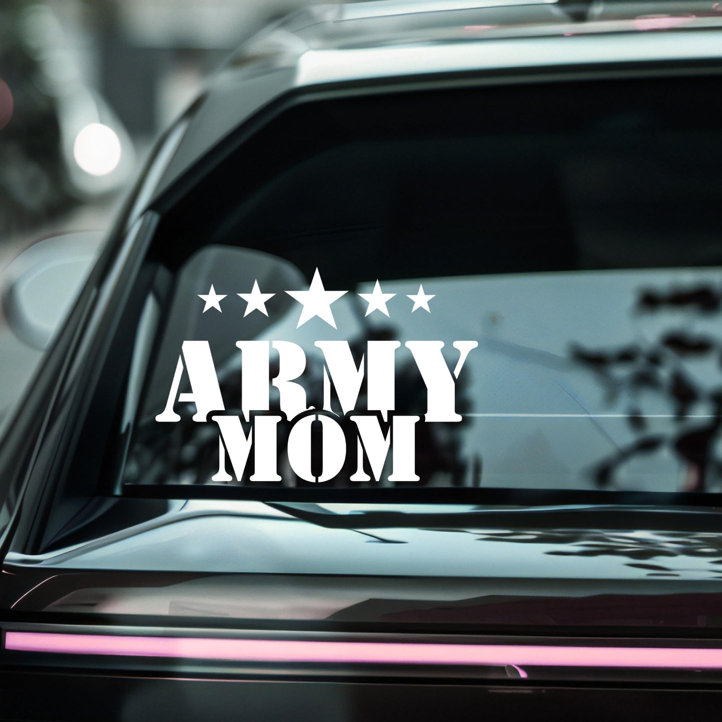 Army Mom car decal featuring stars and military pride design in five color options, made with permanent adhesive vinyl.