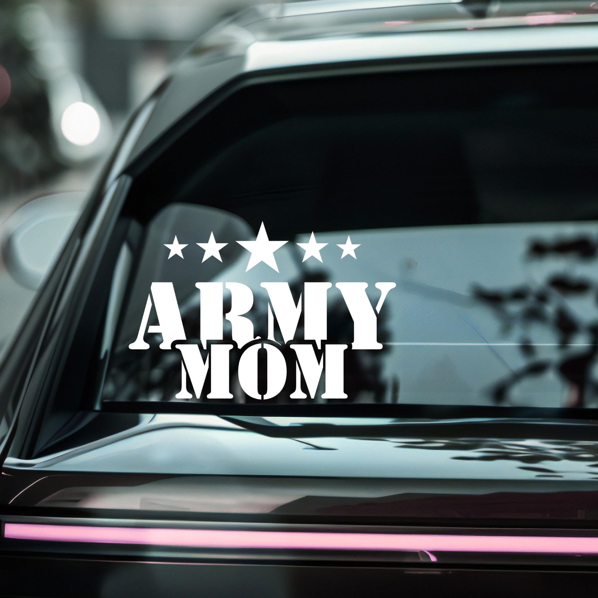 Army Mom car decal featuring stars and military pride design in five color options, made with permanent adhesive vinyl.