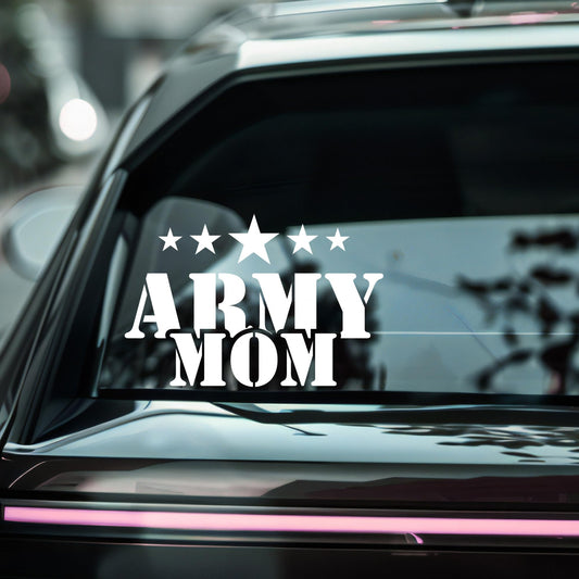Army Mom car decal featuring stars and military pride design in five color options, made with permanent adhesive vinyl.