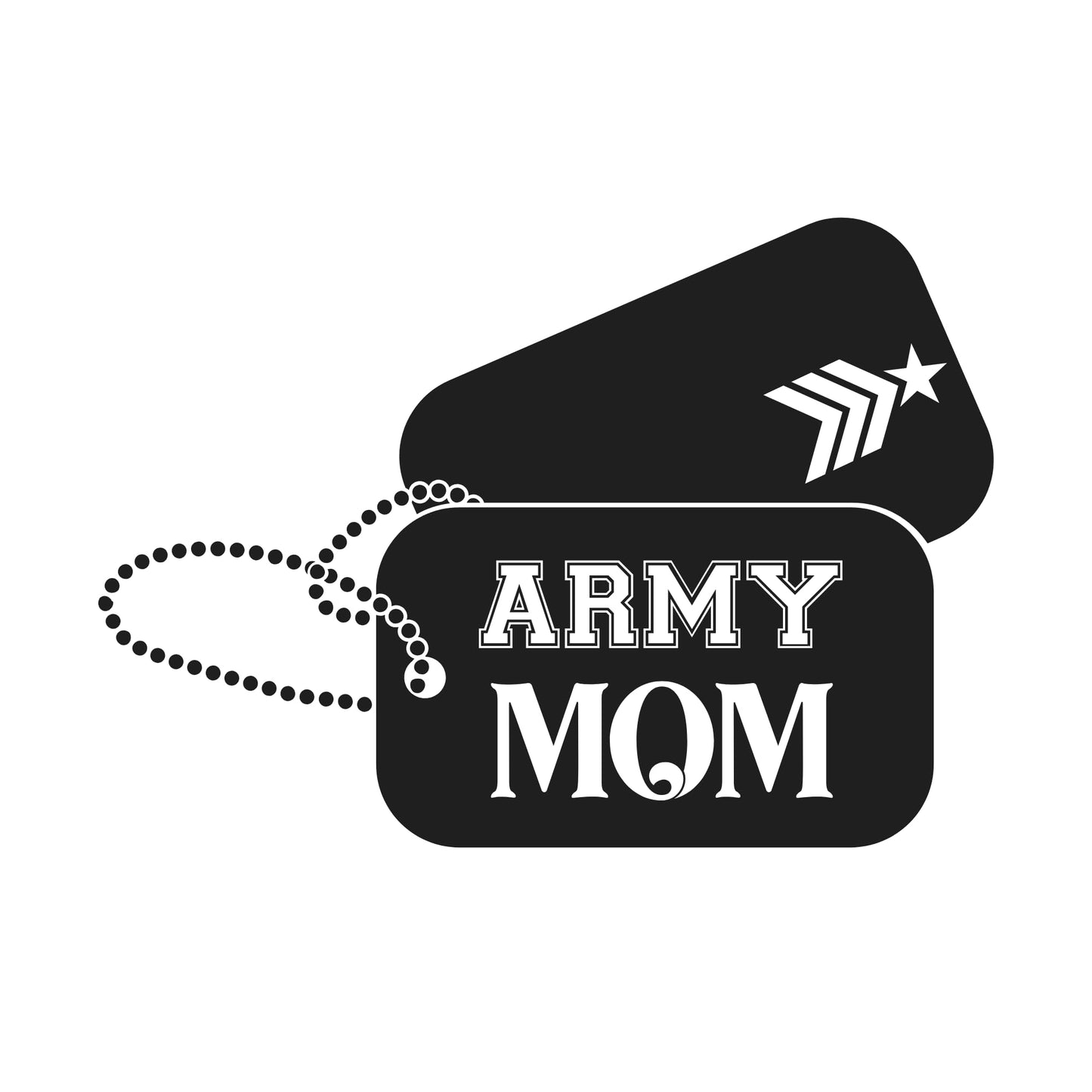 Army Mom military tags car decal, vinyl window sticker in various colors, suitable for mugs and tumblers, by Nostalgi Factory.