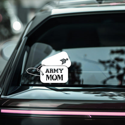 Army Mom military tags car decal in multiple colors on vinyl window sticker, also suitable for mugs and tumblers, by Nostalgi Factory.