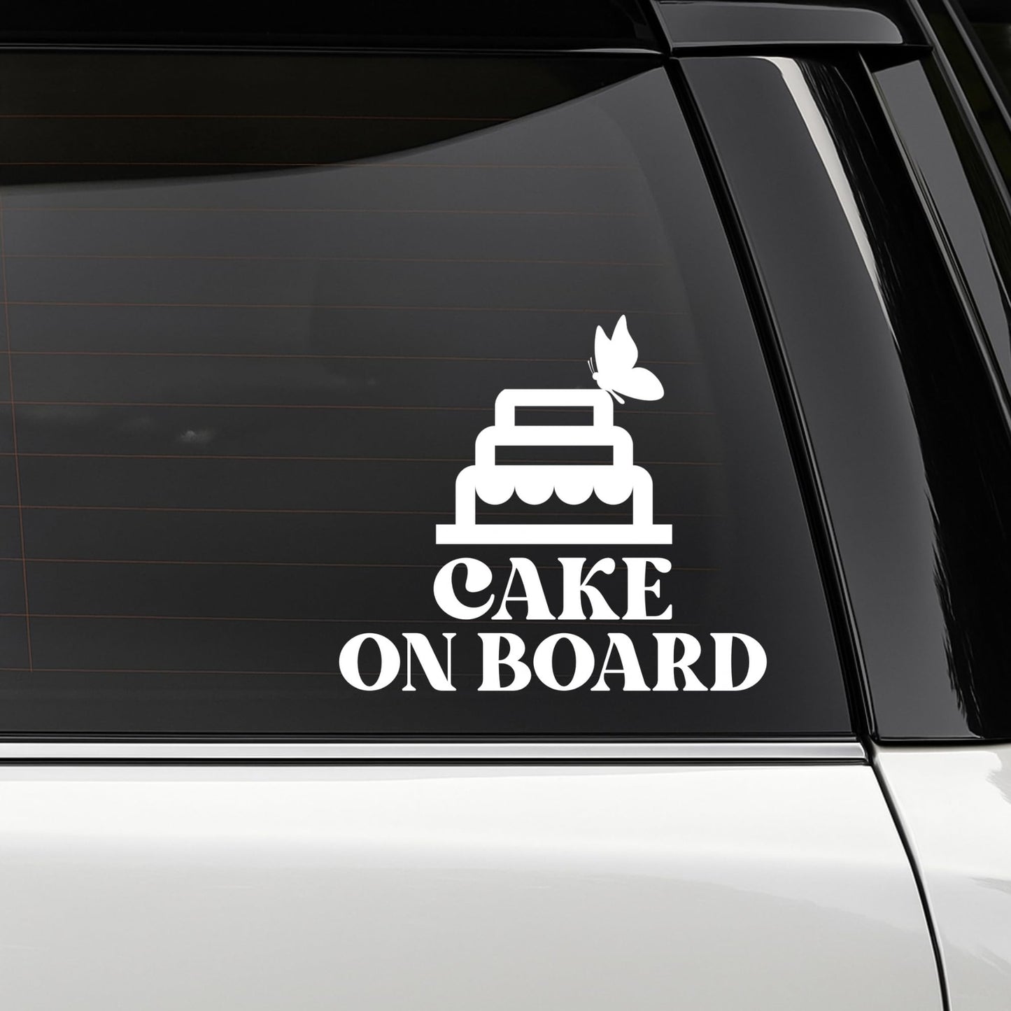 Colorful butterfly wedding and birthday cake on board car decal by Nostalgi Factory, vinyl window sticker in multiple colors.