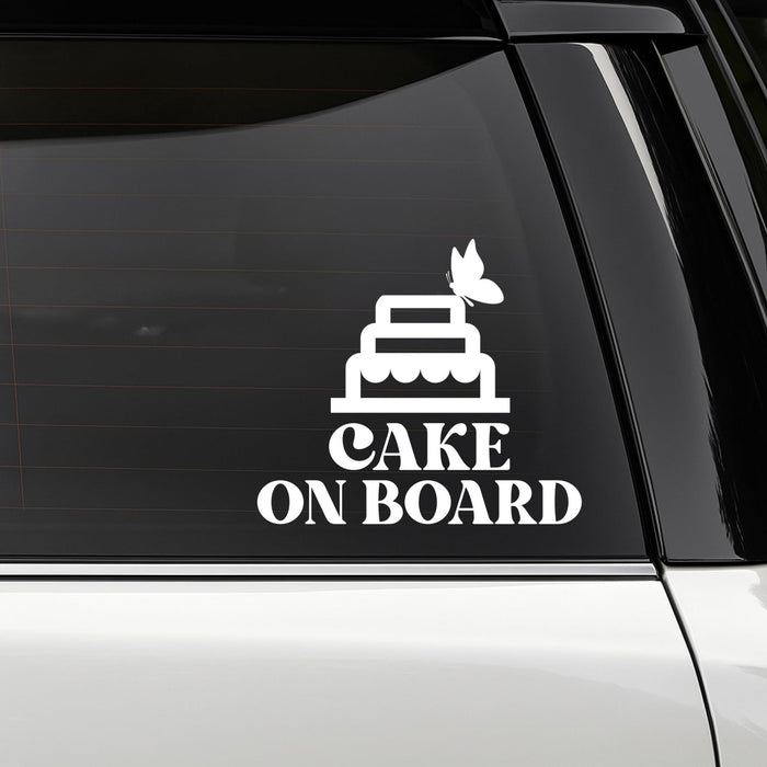 Colorful butterfly wedding and birthday cake on board car decal by Nostalgi Factory, vinyl window sticker in multiple colors.