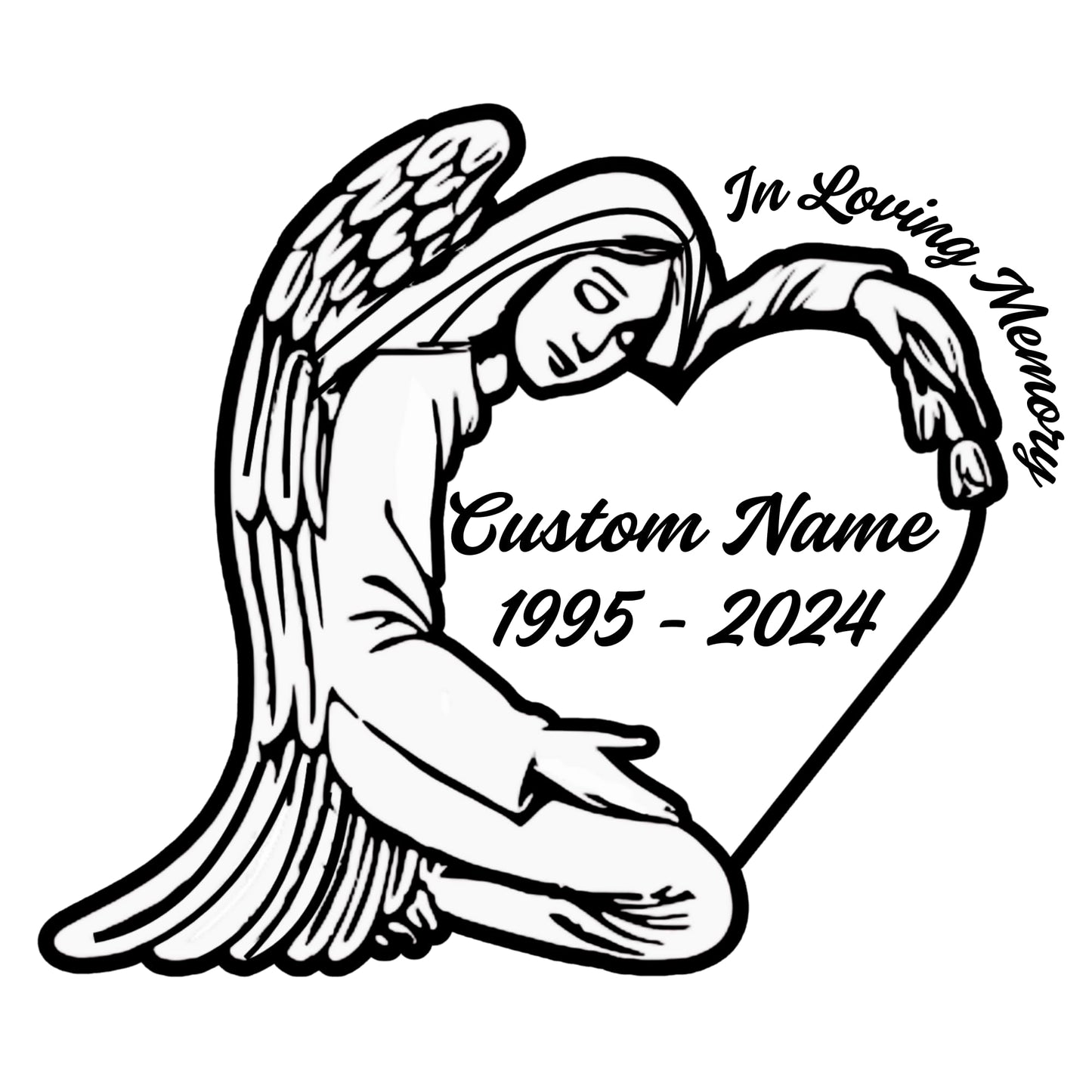 Custom memorial angel vinyl car decal in 5 color options by Nostalgi Factory, featuring an in-memory angel design for cars.