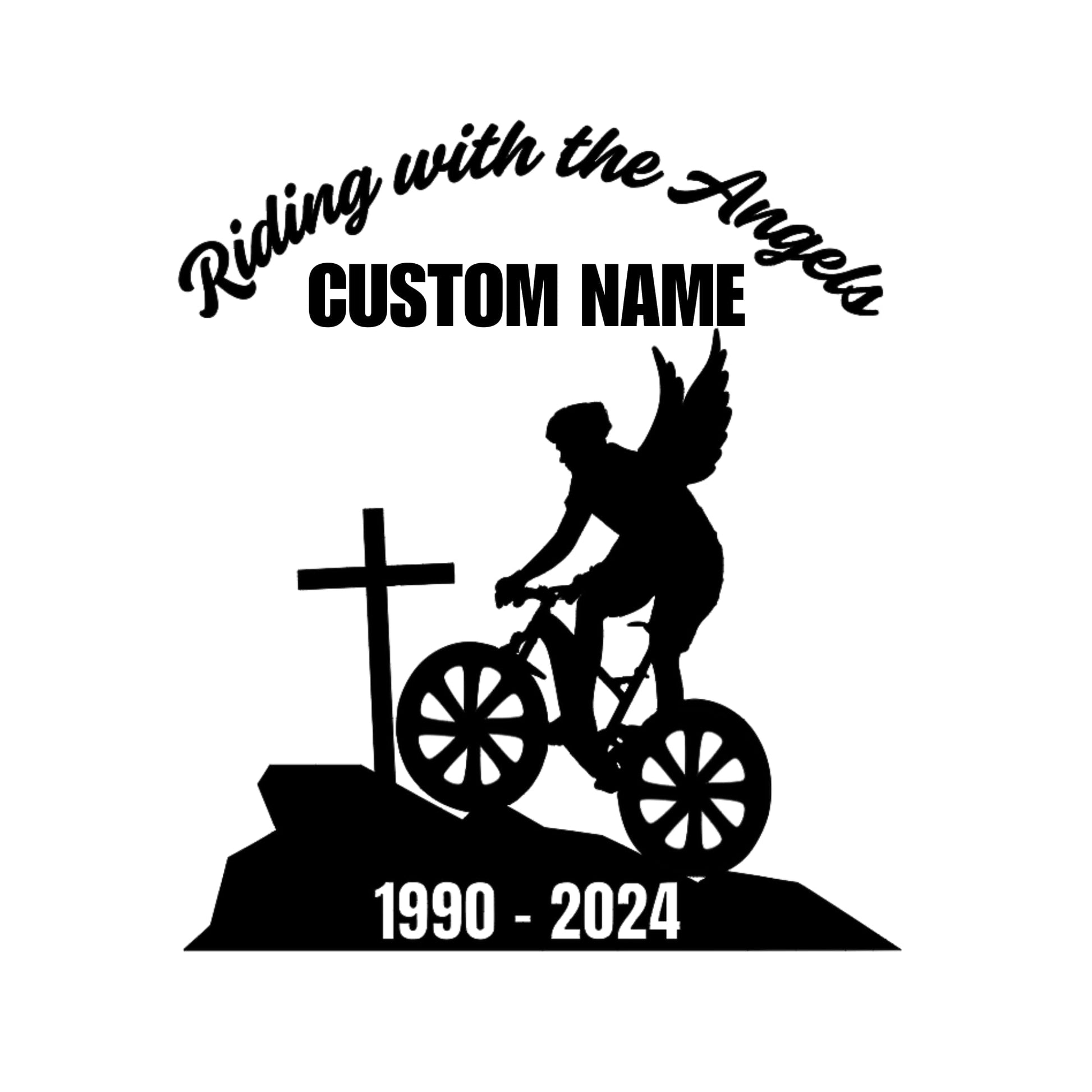 Custom riding with the angels memorial vinyl decal featuring a bike angel design on a car window in multiple colors.