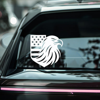 American Eagle Shield vinyl car decal in patriotic colors from Nostalgi Factory, suitable for windows and outdoor use.