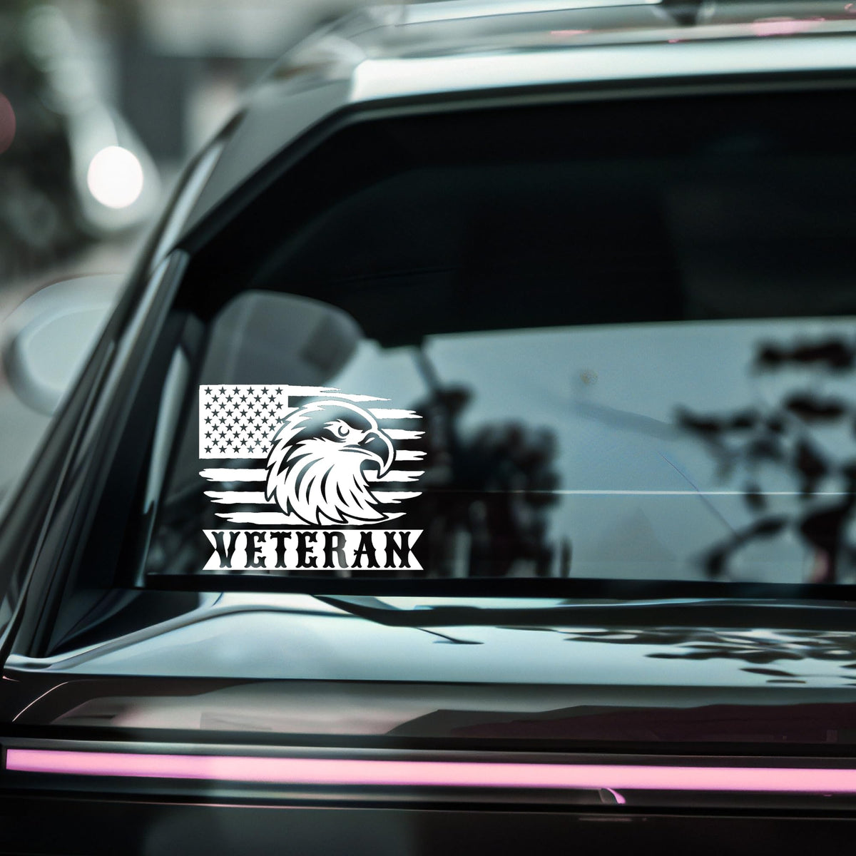 American Veteran car decal featuring an eagle flag design on durable vinyl, available in multiple colors for patriotic vehicles.