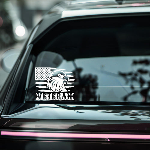 American Veteran car decal featuring an eagle flag design on durable vinyl, available in multiple colors for patriotic vehicles.