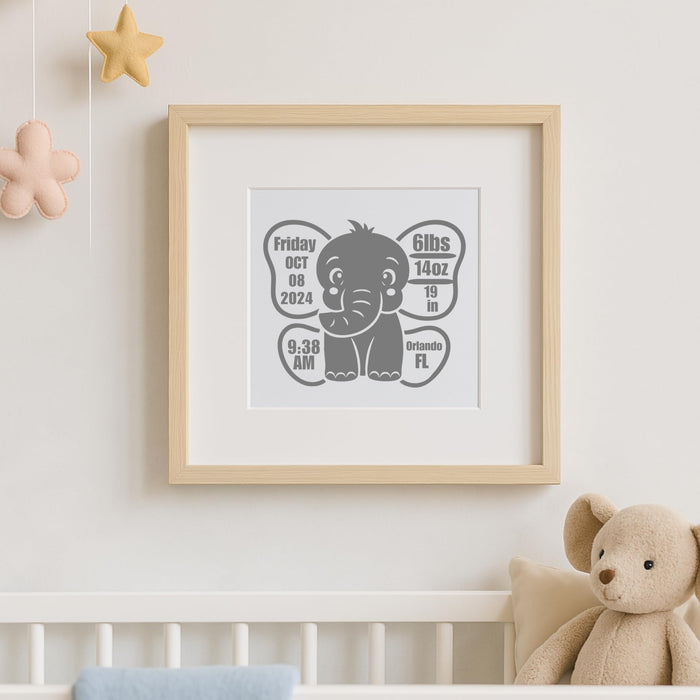Personalized vinyl sticker featuring an elephant design for baby birth stats, ideal for nursery decor or gifts from Nostalgi Factory.