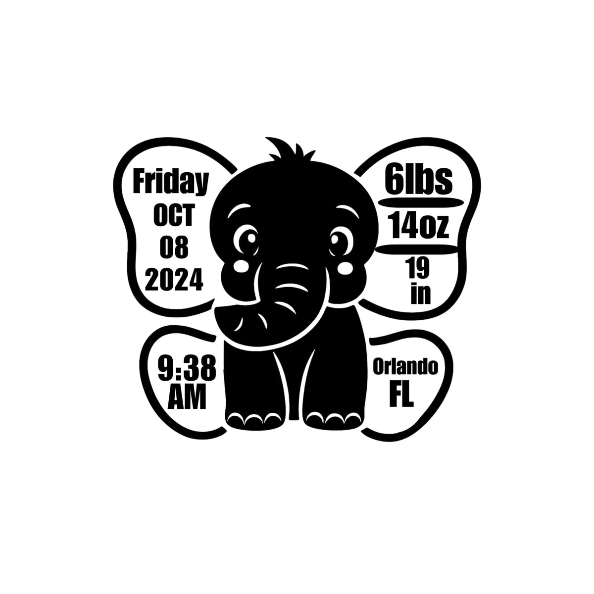 Personalized vinyl baby birth stats decal featuring an elephant design, perfect for nursery decor from Nostalgi Factory.