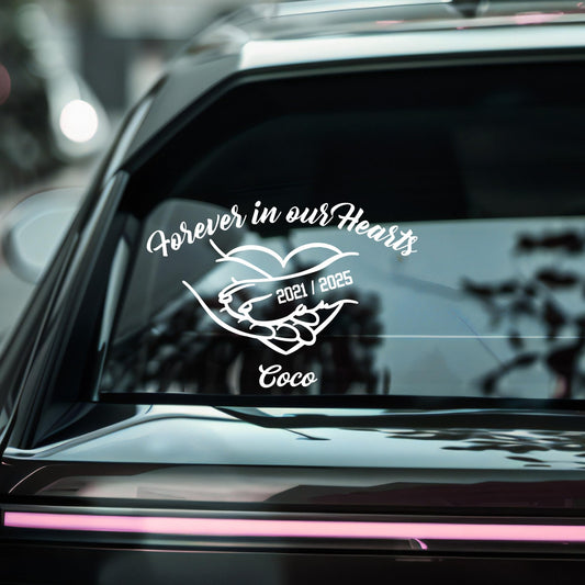 Custom memorial dog car decal by Nostalgi Factory with "Forever in Our Hearts" design, available in 9 color options, personalized vinyl sticker.