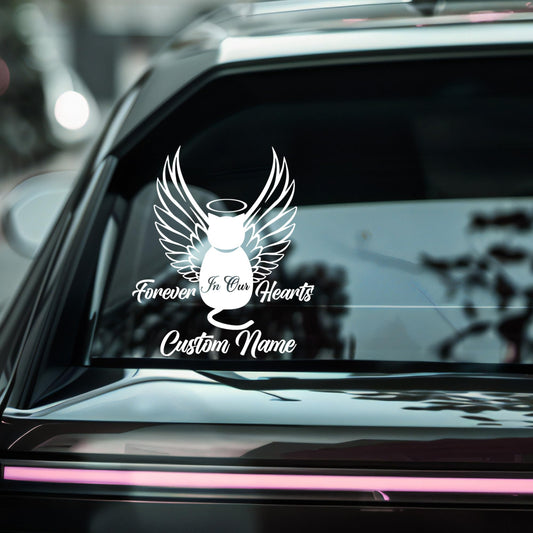 Pet Memorial Vinyl Decal | Forever In Our Hearts | Custom Name | Angel Wings Cat Design | Multiple Colors Available | Application Instructions Included - Nostalgi Factory