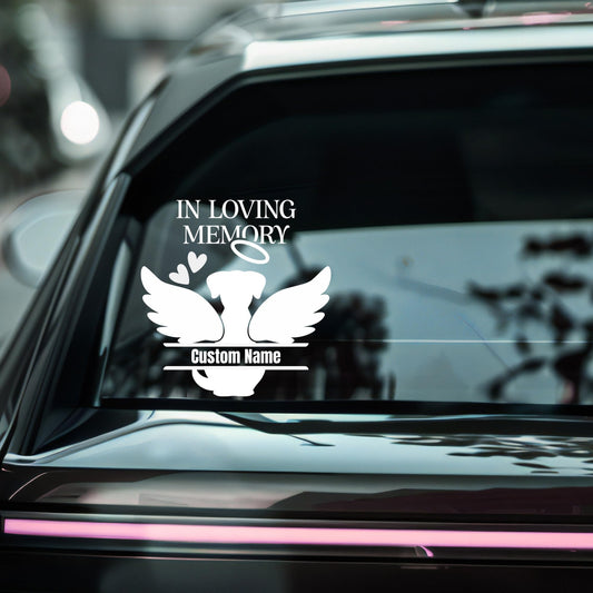 Black Pet Memorial Decal with dog angel wings, customizable name, 6-inch vinyl car decal from Nostalgi Factory in 9 colors.