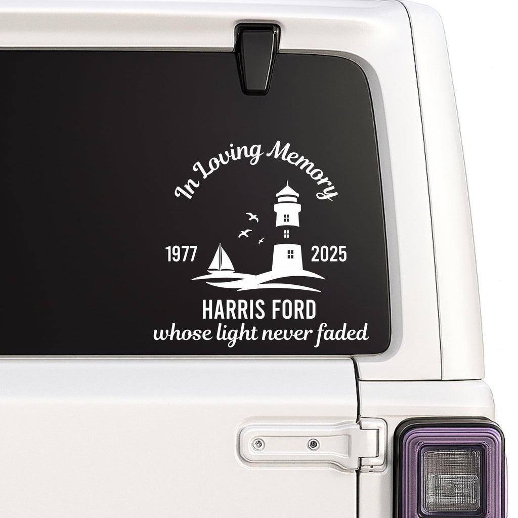 Black lighthouse memorial vinyl decal from Nostalgi Factory, 8-inch size, customizable with name and dates, available in 10 colors.