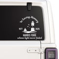 Black lighthouse memorial vinyl decal from Nostalgi Factory, 8-inch size, customizable with name and dates, available in 10 colors.