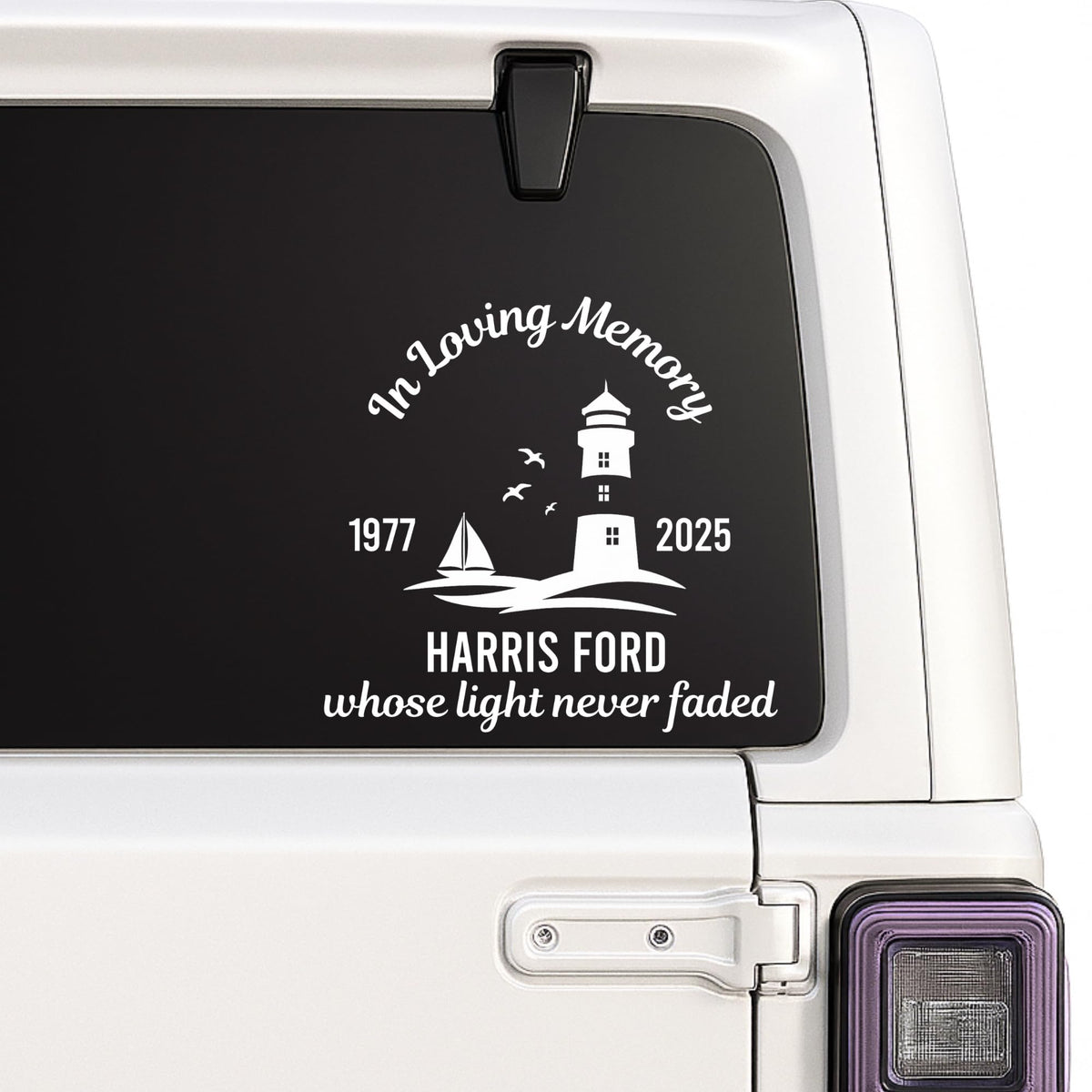 Black lighthouse memorial vinyl decal from Nostalgi Factory, 8-inch size, customizable with name and dates, available in 10 colors.