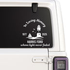 Black lighthouse memorial vinyl decal from Nostalgi Factory, 8-inch size, customizable with name and dates, available in 10 colors.