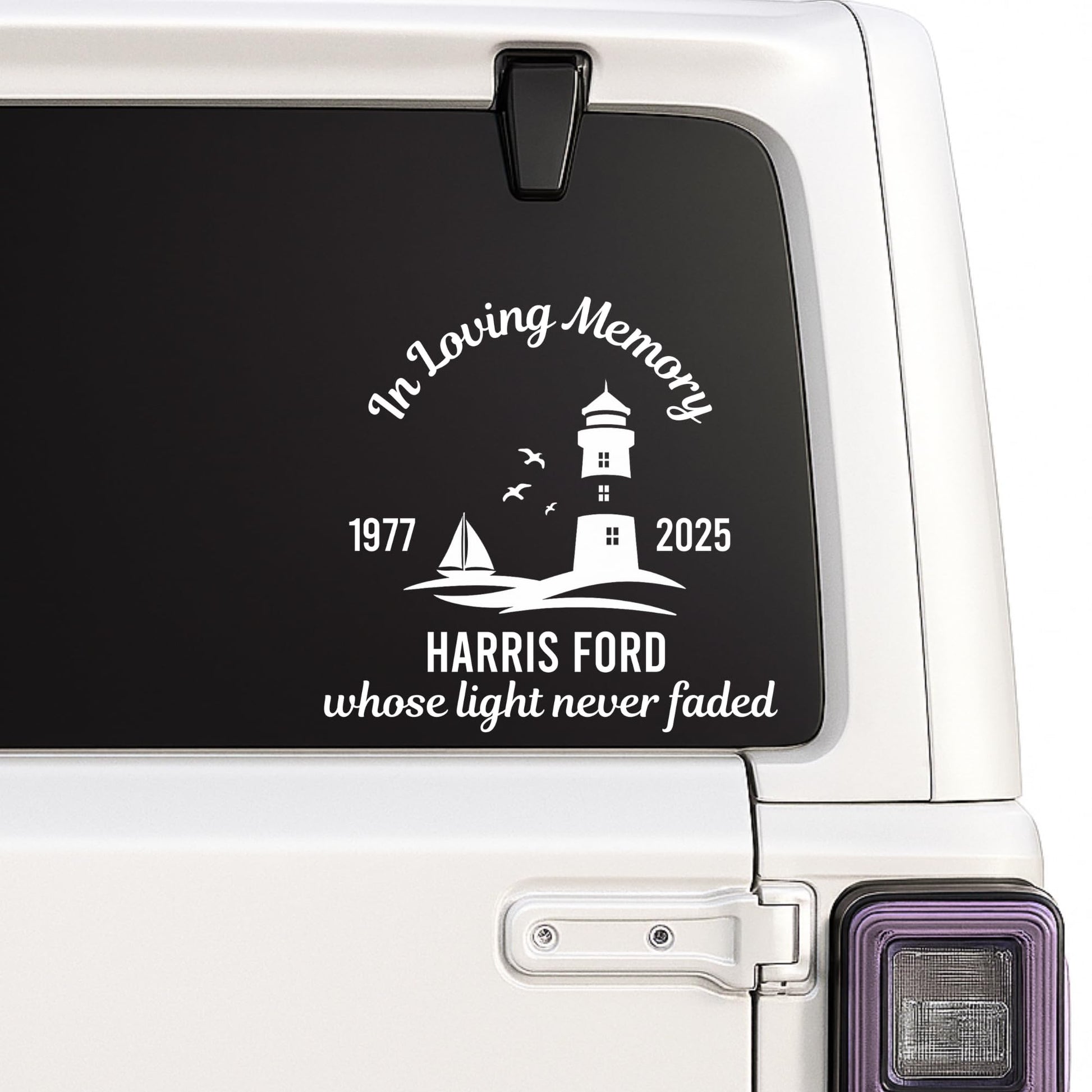 Black lighthouse memorial vinyl decal from Nostalgi Factory, 8-inch size, customizable with name and dates, available in 10 colors.
