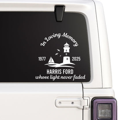 Black lighthouse memorial vinyl decal from Nostalgi Factory, 8-inch size, customizable with name and dates, available in 10 colors.