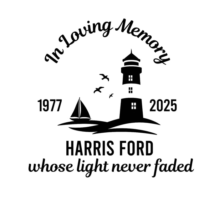 Black lighthouse memorial vinyl decal by Nostalgi Factory, 8-inch size, customizable with name and dates, available in 10 colors.
