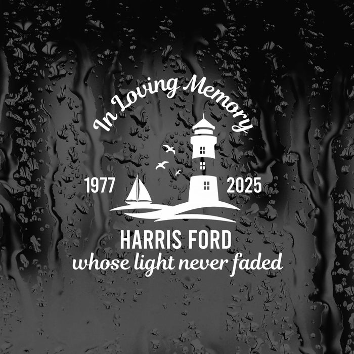 Black lighthouse memorial vinyl decal by Nostalgi Factory, 8 inches, with custom name and dates, available in 10 colors.