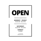 Vinyl decal displaying business hours, contact info, and modern design in five color options from Nostalgi Factory.