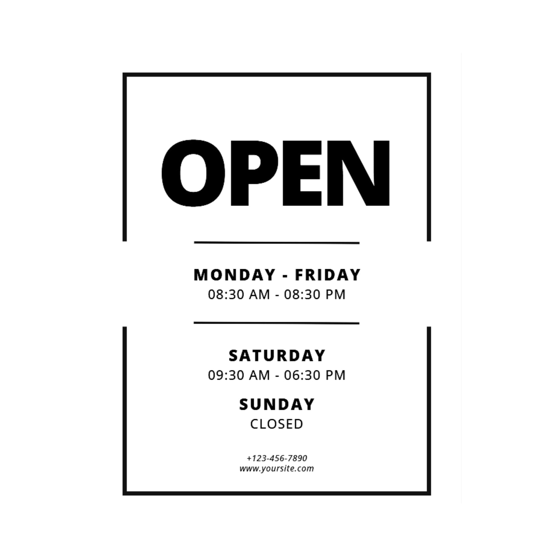 Vinyl decal displaying business hours, contact info, and modern design in five color options from Nostalgi Factory.