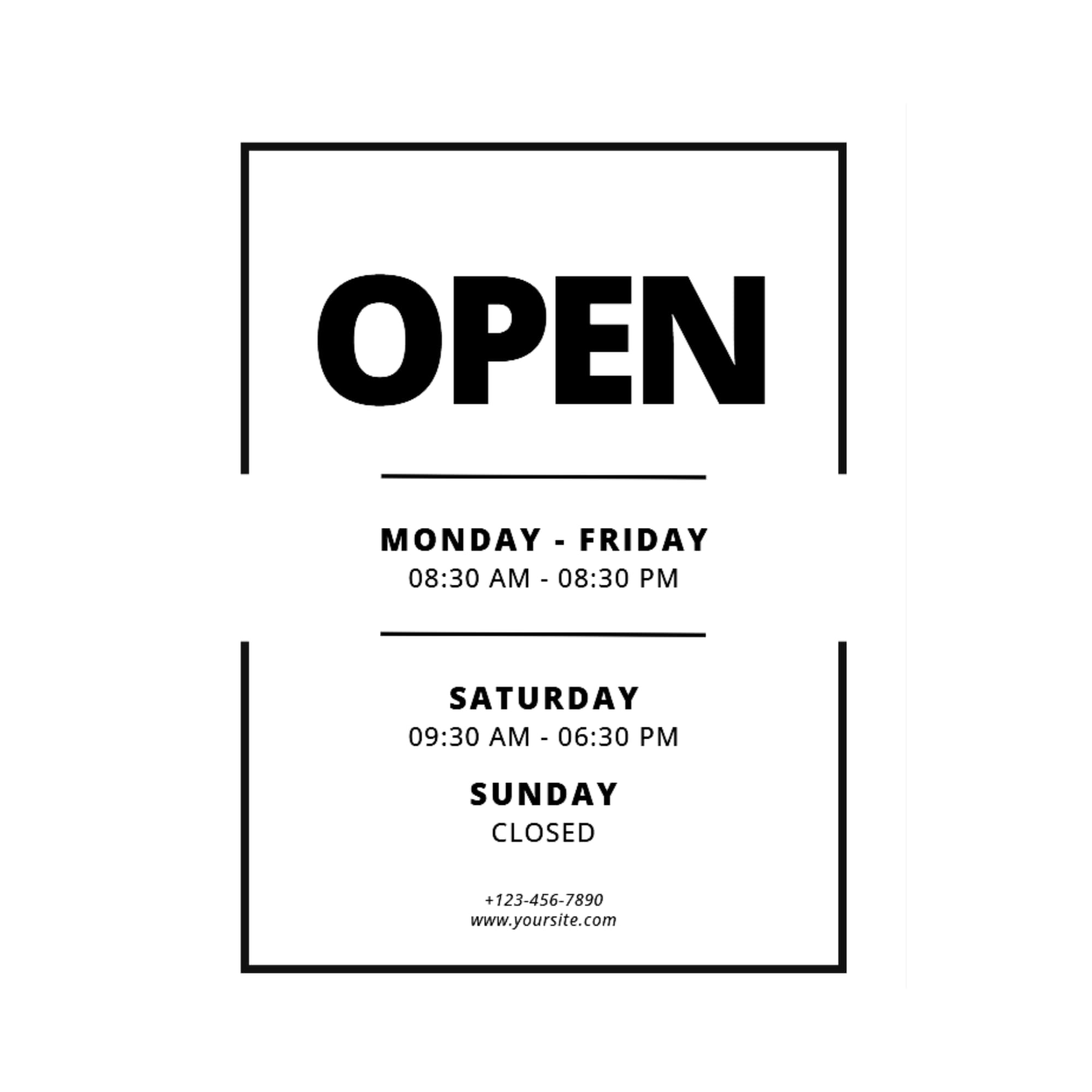 Vinyl decal displaying business hours, contact info, and modern design in five color options from Nostalgi Factory.