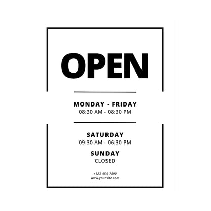 Vinyl decal displaying business hours, contact info, and modern design in five color options from Nostalgi Factory.