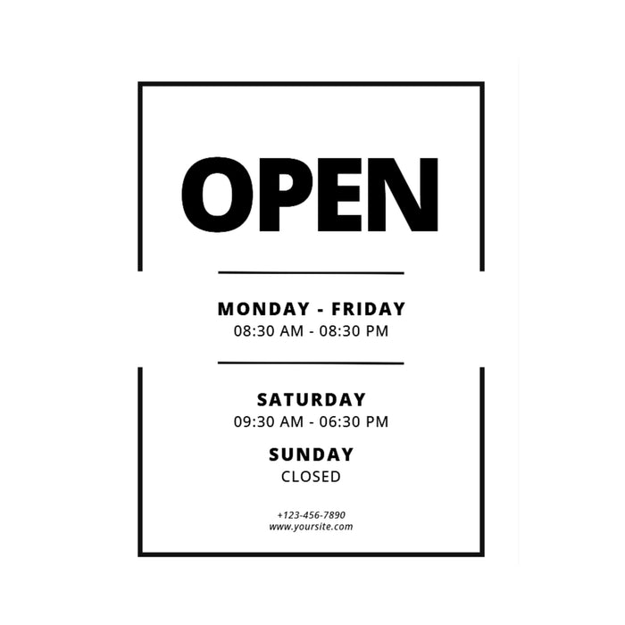 Vinyl decal displaying business hours, contact info, and modern design in five color options from Nostalgi Factory.