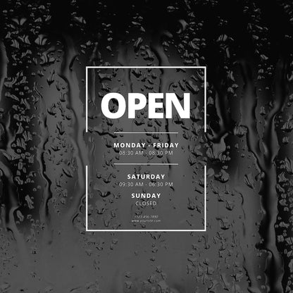 Vinyl decal displaying business hours, custom schedule, and contact info in a modern design, available in five colors.