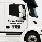 Set of 2 vinyl decals featuring custom business name, USDOT, and MC numbers for commercial vehicle lettering by Nostalgi Factory