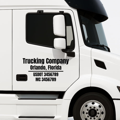 Set of 2 vinyl decals featuring custom business name, USDOT, and MC numbers for commercial vehicle lettering by Nostalgi Factory