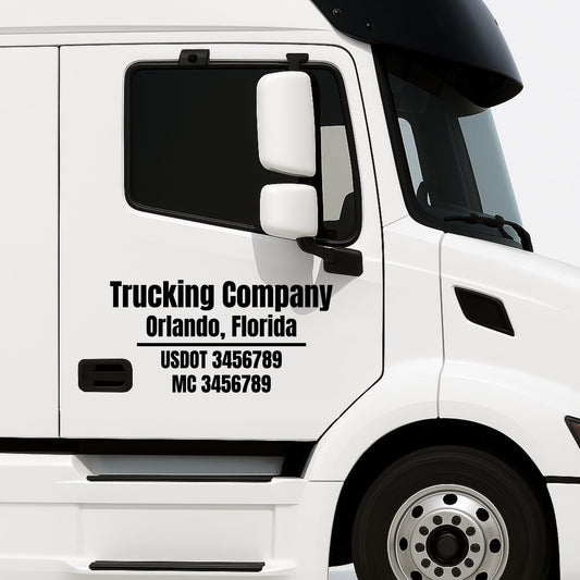 Set of 2 vinyl decals featuring custom business name, USDOT, and MC numbers for commercial vehicle lettering by Nostalgi Factory