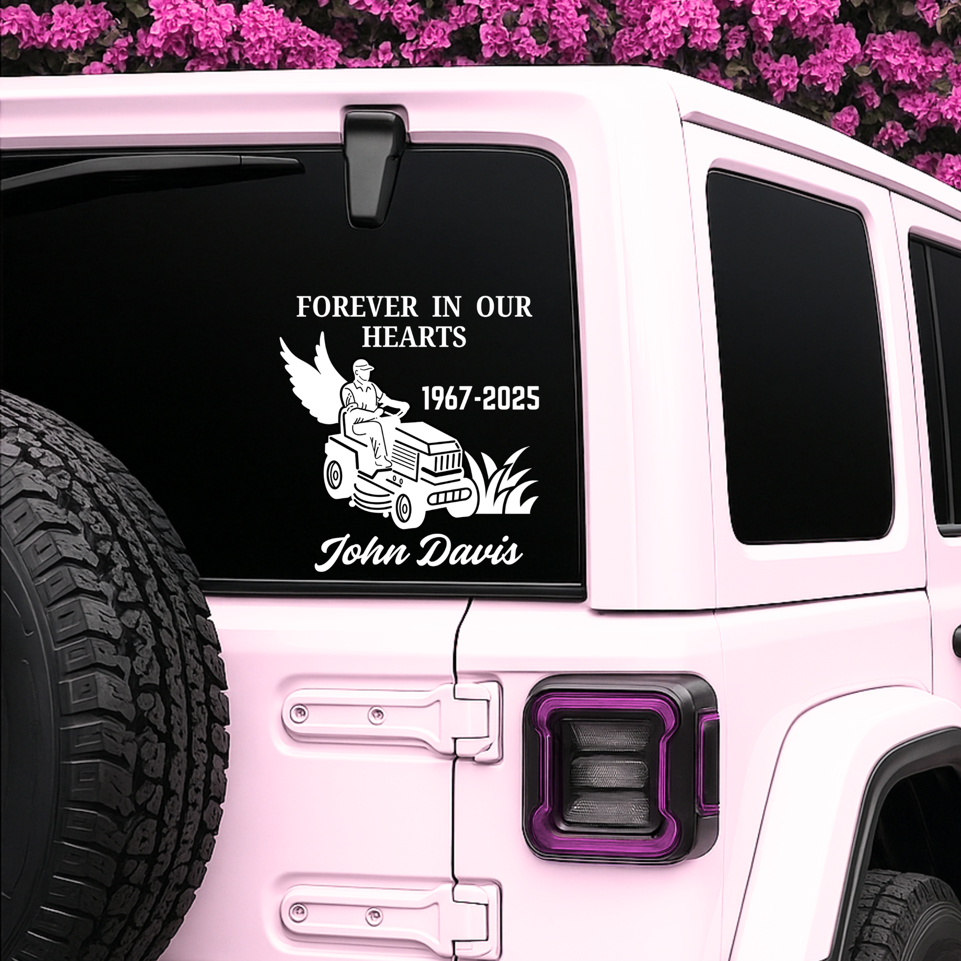 Blue 6-inch vinyl lawn mower memorial decal with angel wings and "Forever In Our Hearts," customizable with name and dates.